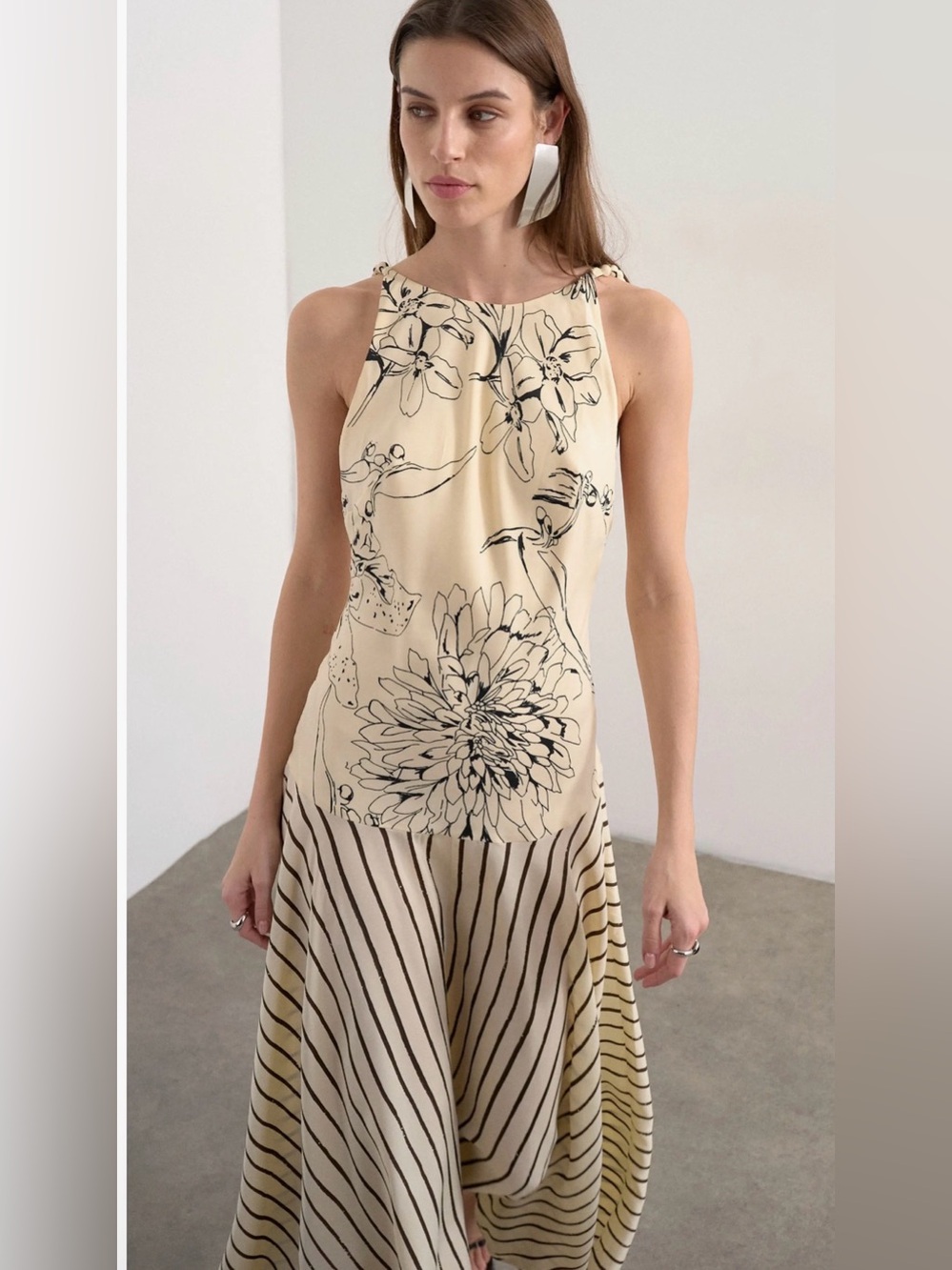 Topshop Cream Maxi Dress with Black Floral & Stripe Print
